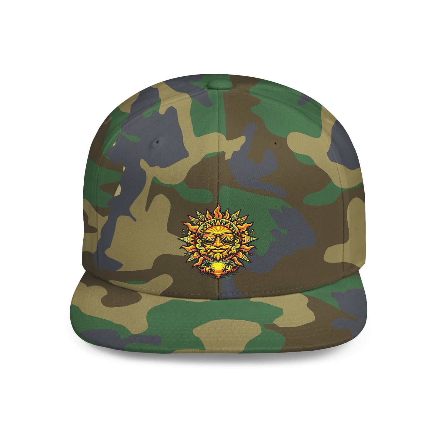 Sunburst Smile Flat Bill Snapback Hat – Retro Sunny Face Embroidered Cap