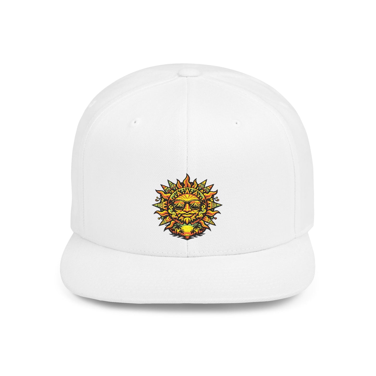 Sunburst Smile Flat Bill Snapback Hat – Retro Sunny Face Embroidered Cap
