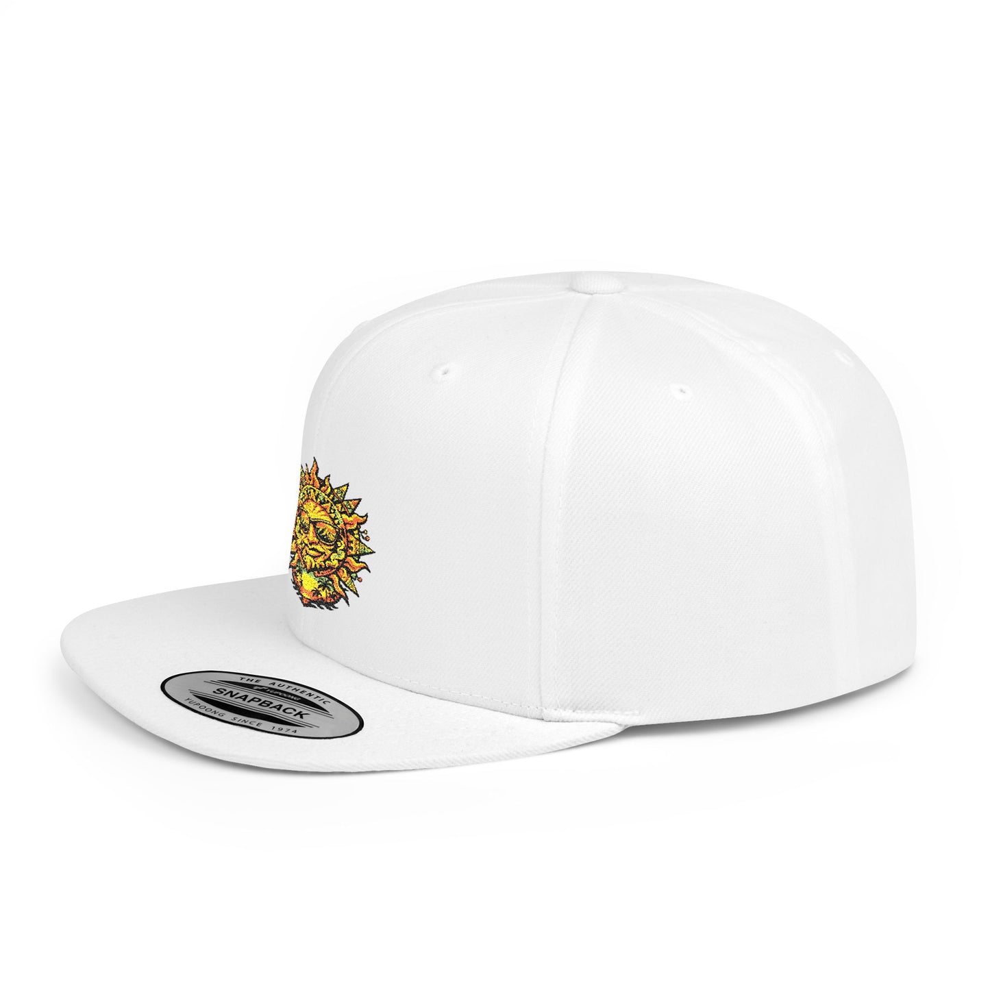 Sunburst Smile Flat Bill Snapback Hat – Retro Sunny Face Embroidered Cap